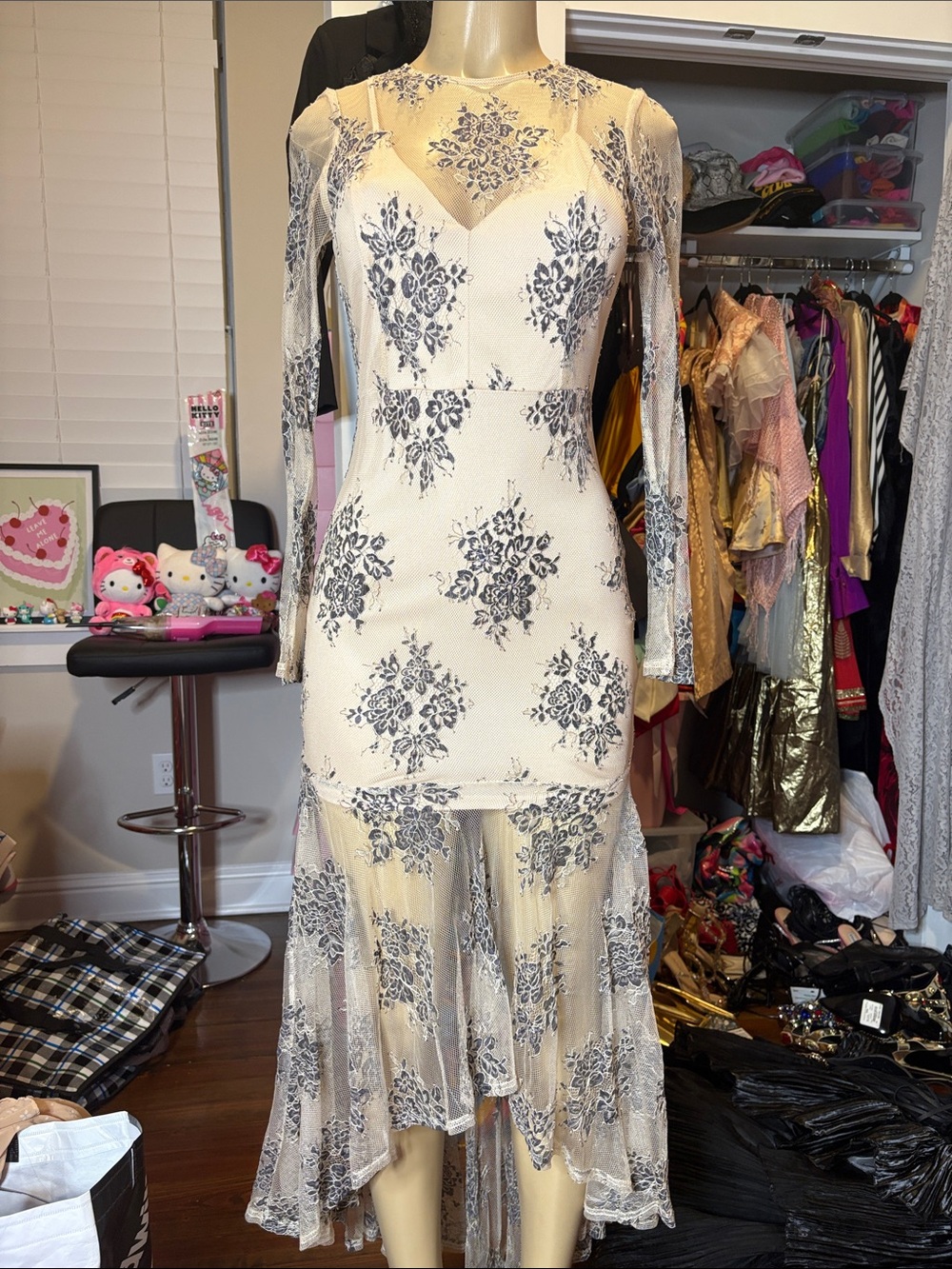 Elegant Cream Lace Floral High-Low Dress